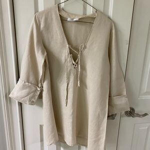 Monday Swimwear 100% linen swimsuit coverup with 3/4 buttoned sleeves